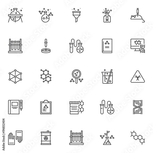 Chemistry outline icons set. linear style symbols collection, line signs pack vector graphics. Set includes icons as laboratory flask with chemical fluid, funnel filter laboratory mouse with injection