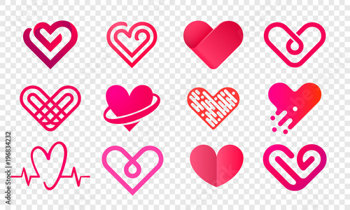 Heart logo vector icons set. Isolated modern heart symbol for cardiology pharmacy and medical center. Valentine love or wedding greeting card fashion design for web social net application