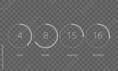 UI countdown clock counter timer. Vector digital count down circle board with circle time pie diagram on transparent background. Scoreboard of day, hour, minutes and seconds web page template design