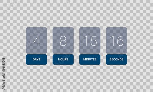 Countdown clock counter timer. Vector time remaining count down flip board with scoreboard of day, hour, minutes and seconds for template design, under constuction page on transparent background