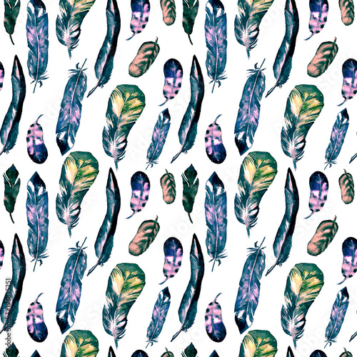 Seamless pattern with watercolor feathers. Can be used for textile print, design tile, wallpaper, abstract background.