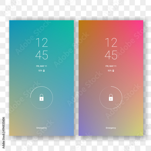 Mobile screen lock display with abstract gradient wallpaper background. Vector smartphone screenlock template or lockscreen passcode access authentication with gradient theme