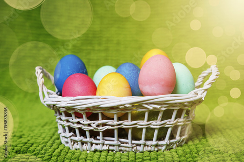 Painted Easter eggs in a basket. Easter background. Spring religious holiday easter concept