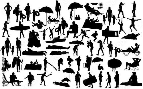 Sunny day on the beach vector silhouette over 50 people characters(boy,girl,man,woman,swimmer,parents, tourists, mother,father,) Water sports. Happy seniors active life. Skin care protection concept.
