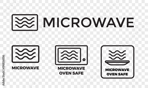 Microwave oven safe icon templates set. Vector isolated line symbols or labels for plastic dish food cookware suitable for safe warming and cooking in microwave oven isolated on white background
