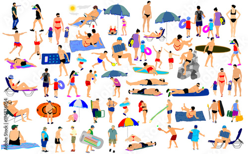 Sunny day on the beach vector illustration over 50 people characters boy girl man woman swimmer parents  tourists  mother father   Water sport. Happy seniors active life. Skin care protection concept.