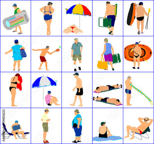 Seniors on beach holiday vector illustration. Mature persons sunbathing. Older people camping. Sunny day, Skin care protection concept. Old people active summer life. Man and woman on weekend together