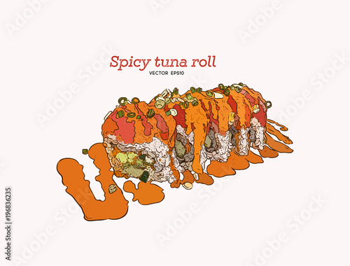 Spicy tuna roll , hand draw sketch vector illustration.