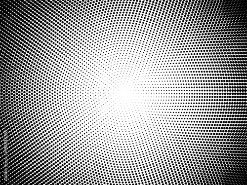 Radial halftone pattern texture. Vector black and white radial dot gradient background for retro, vintage wallpaper graphic effect. Monochrome pop art dot overlay for poster illustration