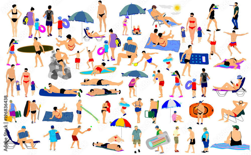 Sunny day on the beach vector illustration over 50 people characters(boy,girl,man,woman,swimmer,parents, tourists, mother,father,) Water sport. Happy seniors active life. Skin care protection concept.