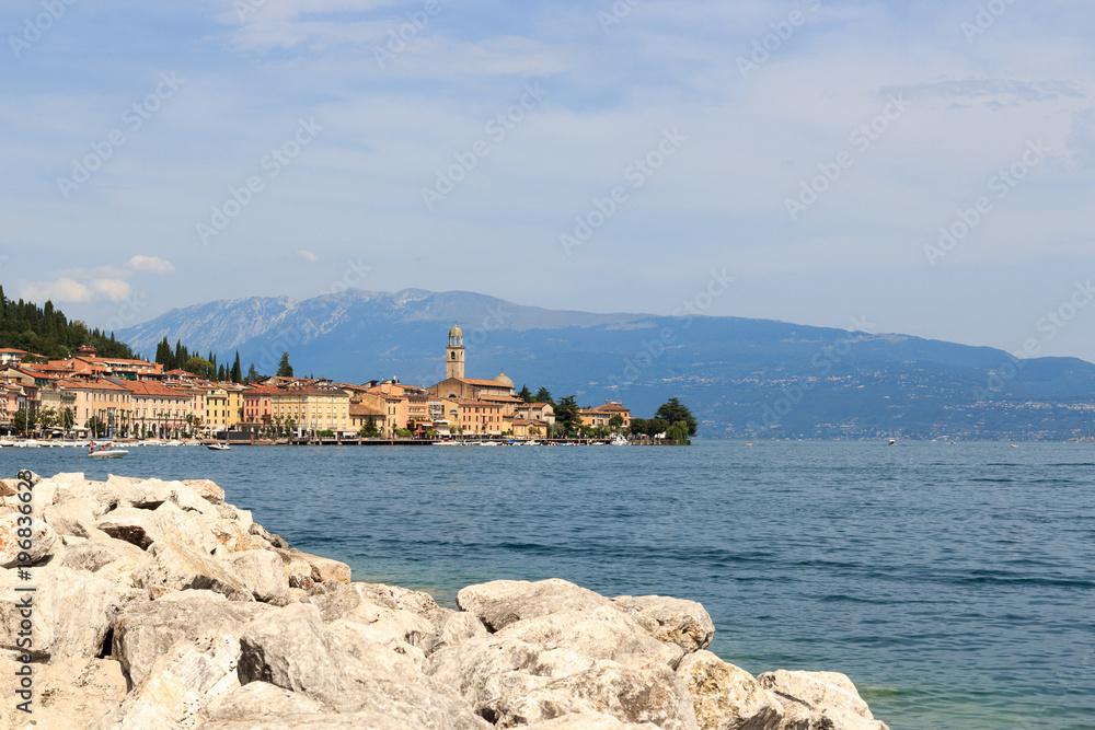 Townscape of Salo with mountain panorama at Lake Garda, Italy