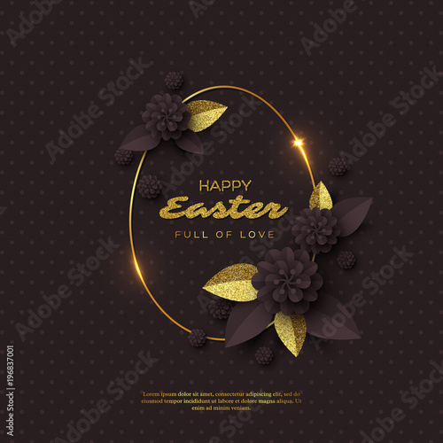 Happy Easter greeting card. Paper cut flowers with golden glitter frame, holiday background. Vector illustration.