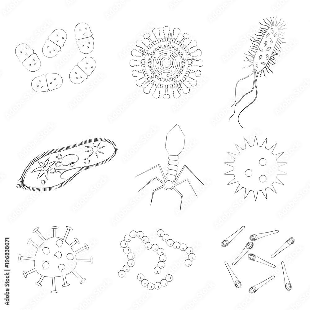 Bacteria, virus and microbe outline icon set. Vector illustration.