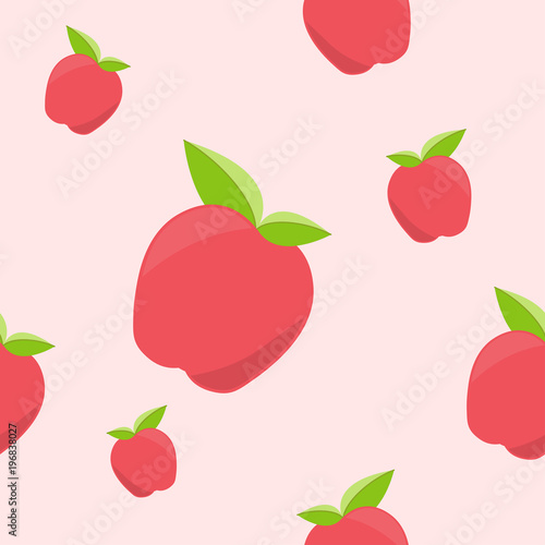 Seamless cute pattern with red apple on pink background.