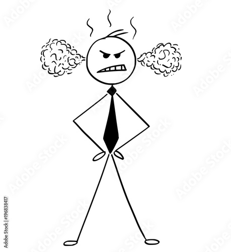 Cartoon stick man drawing conceptual illustration of businessman or manager standing angry and steam or smoke coming from his head or ears.