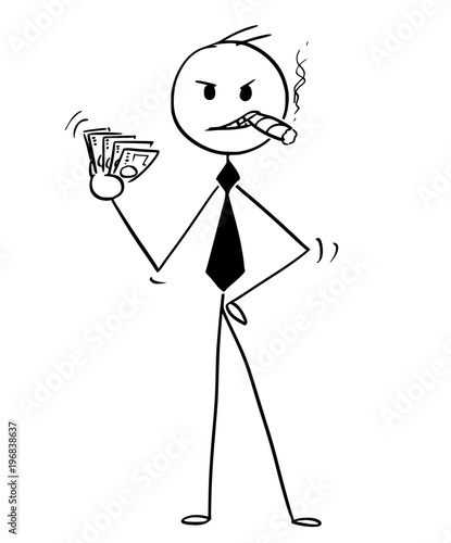 Cartoon stick man drawing conceptual illustration of successful rich businessman with big cigar and pack of money. Business concept of success.