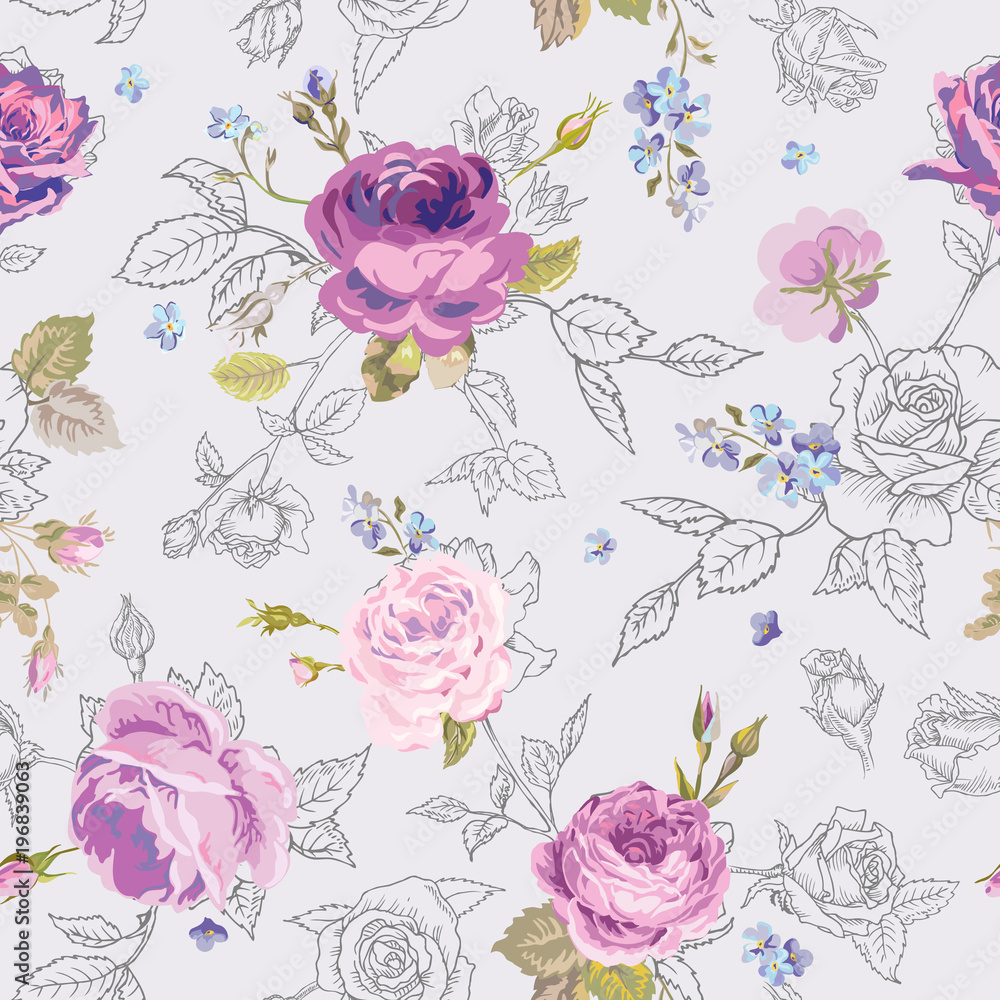 Floral Seamless Pattern with Roses in Sketched Outline Style. Flowers Unfinished Hand Drawn Background for Fabric, Print, Wrapping Paper, Decor. Vector illustration