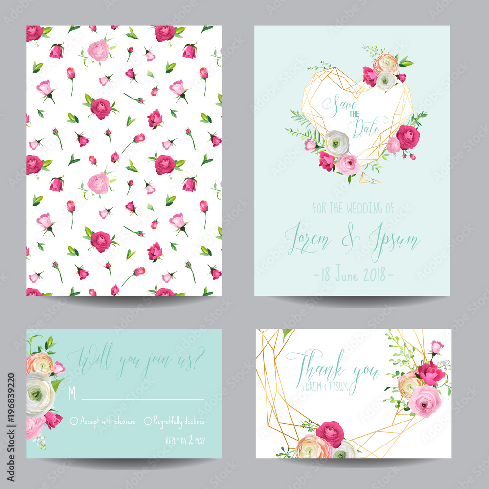 Save the Date Card Set with Blossom Pink Flowers and Golden Elements. Wedding Invitation, Anniversary Party, Decoration, RSVP Floral Template. Vector illustration Save the Date Card Set with Blossom Pink Flowers and Golden Elements. Wedding Invitation, Anniversary Party, Decoration, RSVP Floral Template. Vector illustration