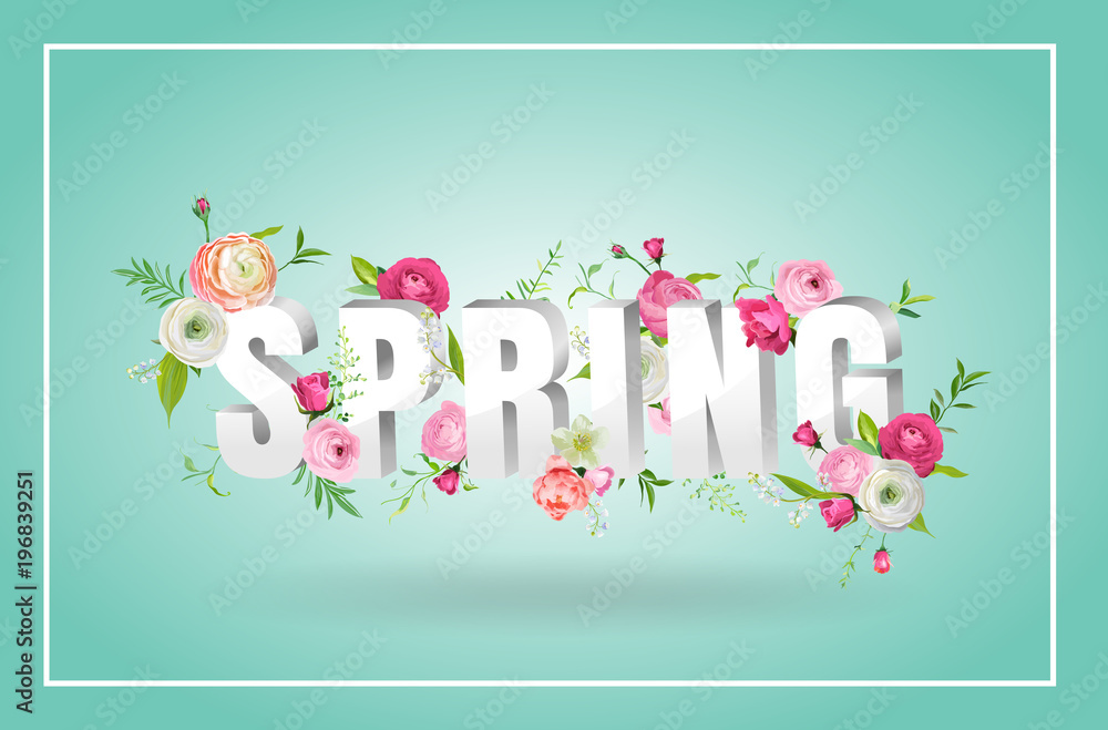 Naklejka premium Hello Spring Floral Design with Blooming Flowers. Botanical Springtime Background with Roses for Decoration, Poster, Banner, Voucher, Sale, T-shirt, Print. Vector illustration
