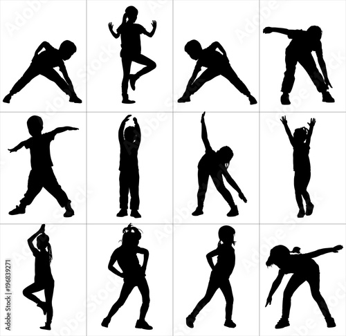 Happy joyful kids, little boys and girls doing exercises, vector silhouette illustration isolated on white background. Active life. Strain racking, warming up. Recreation health care children training
