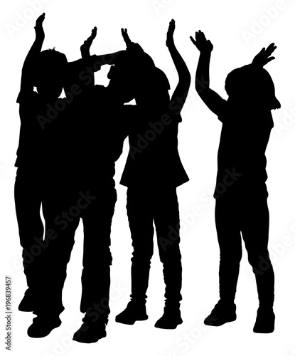 Group of smiling children, girl and boy applauding, vector silhouette illustration isolated on white background. Hands in the air.