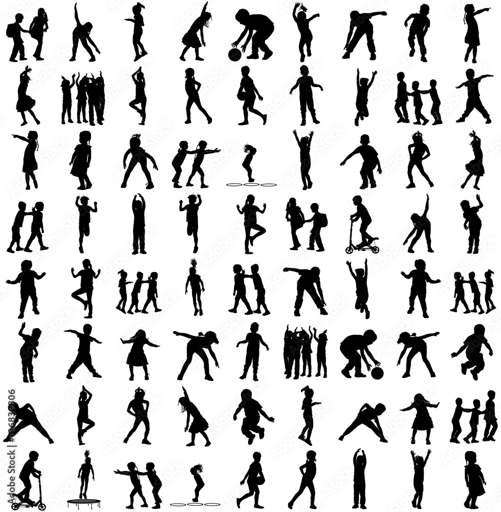 Children silhouettes playing outdoor isolated on white background. Collection of happy children in different positions. Kid play on playground. Kid gymnastic different position. Active boys and girls. Children silhouettes playing outdoor isolated on white background. Collection of happy children in different positions. Kid play on playground. Kid gymnastic different position. Active boys and girls.