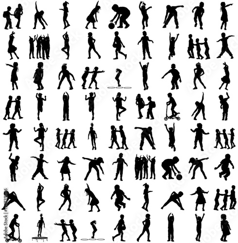 Children silhouettes playing outdoor isolated on white background. Collection of happy children in different positions. Kid play on playground. Kid gymnastic different position. Active boys and girls.
