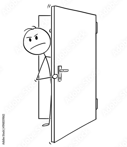 Cartoon stick man drawing conceptual illustration of angry businessman peeping out of the open door.