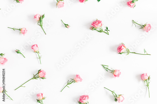 Flowers composition. Frame made of pink rose flowers on white background. Flat lay, top view, copy space © Flaffy