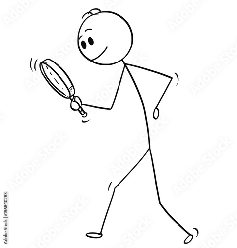 Cartoon stick man drawing conceptual illustration of businessman searching for something with magnifying hand glass or magnifier. Business concept of looking for answer and solution.