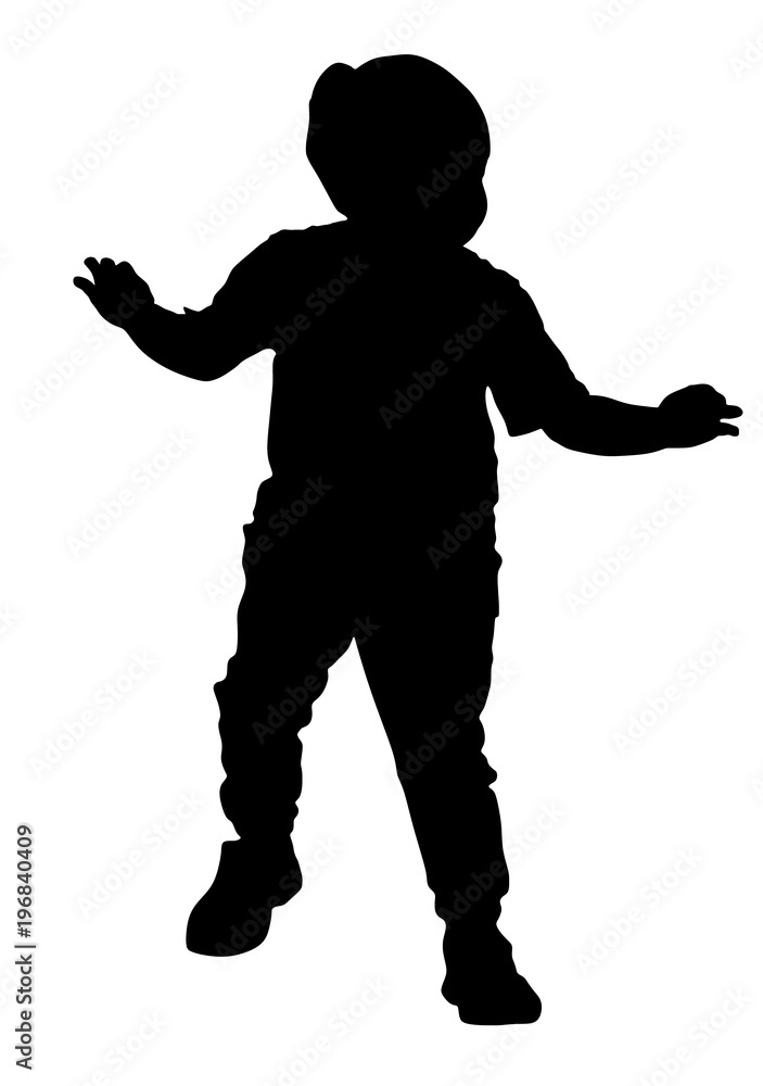 Happy joyful kid, little boy doing exercises , vector silhouette illustration isolated on white background.