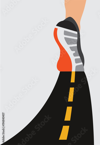 Athlete runner feet running on road closeup on shoe. woman fitness sunrise jog workout wellness concept.