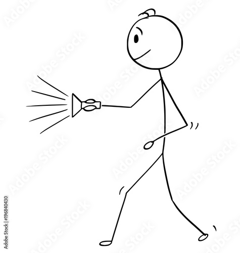Cartoon stick man drawing conceptual illustration of businessman walking with torch or flashlight. Business concept of exploration and courage.