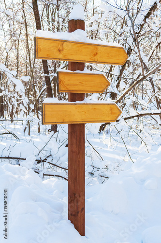 Blank wooden directional arrows on a post, covered by snow in the winter forest © Mikhail