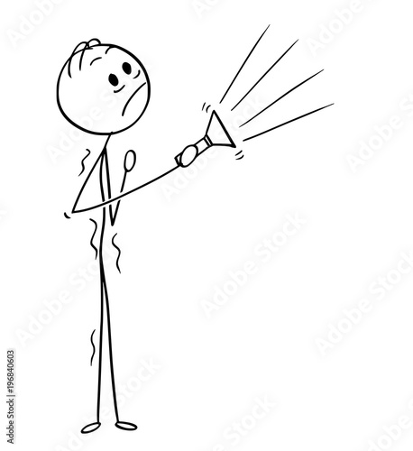 Cartoon stick man drawing conceptual illustration of frightened scared and spooked businessman standing with torch or flashlight. Business concept of risky investment.
