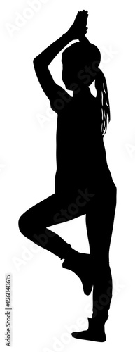 Young woman in yoga pose vector silhouette illustration isolated on white background. Candle pose standing. Young woman exercises yoga. Zen, mantra, wellness.