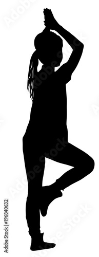 Young woman in yoga pose vector silhouette illustration isolated on white background. Candle pose standing. Young woman exercises yoga. Zen, mantra, wellness.