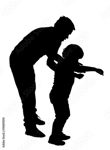 Physiotherapist and kid, boy exercising in rehabilitation center, vector silhouette illustration isolated. Doctor supports the child during physiotherapy treatment. holding hands making first steps.