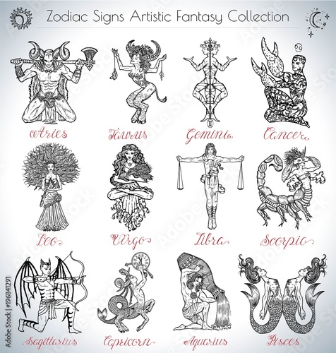 Hand drawn vector collection with fantasy Zodiac signs icons. Set with graphic illustrations isolated on white. Mystic horoscope symbols