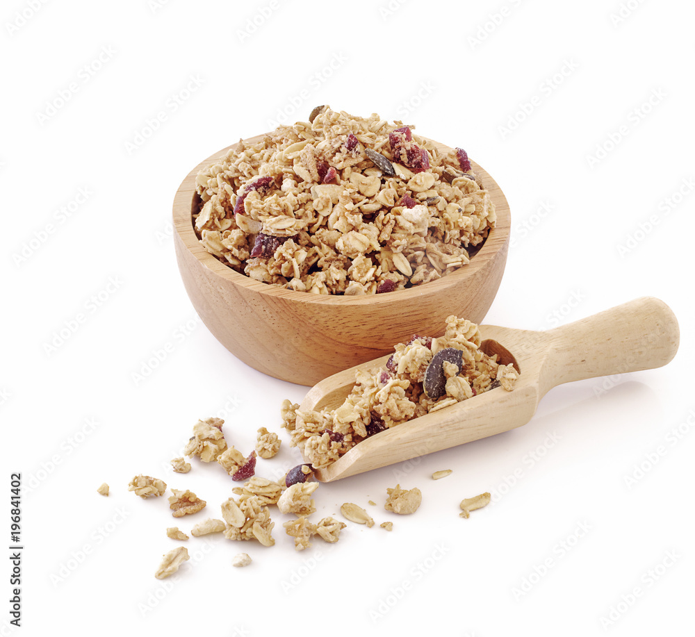 granola close up isolated on white background.