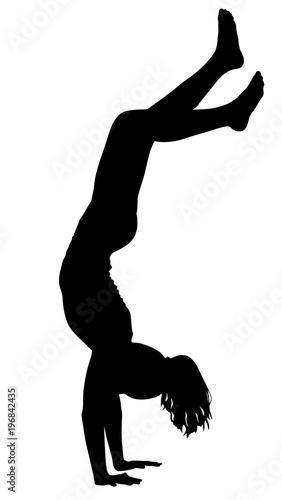 Sporty beautiful young woman working out indoors, doing handstand, vector silhouette illustration isolated on white background. Yoga, pilates, fitness training, asana. Long hair.