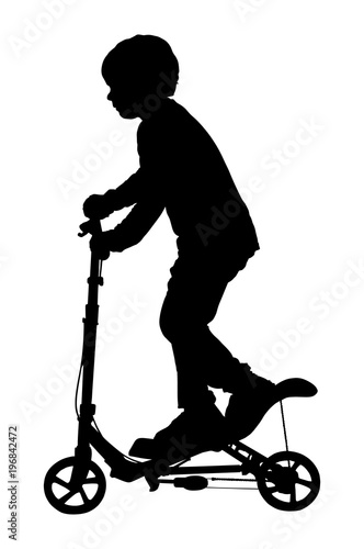 Little boy riding scooter, vector silhouette illustration isolated on white background, children scooting silhouettes. Kid on advanced board. Skate board fun.