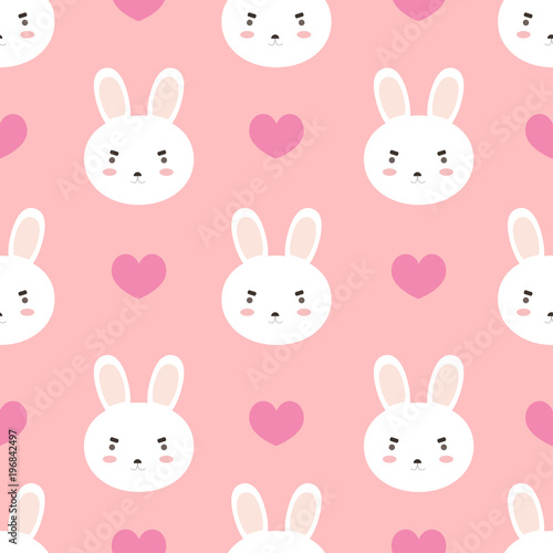 Seamless pattern cute white rabbit and heart on pink background