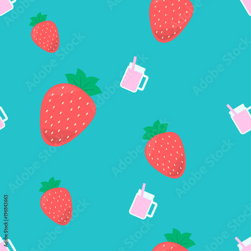 Seamless cute pattern with strawberry and milkshake on green background, colorful style