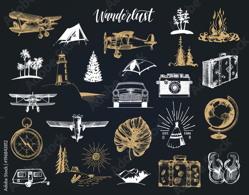 Wanderlust hand lettering in vector. Travel icons set. Drawn illustrations collection. Outdoor adventures symbols.