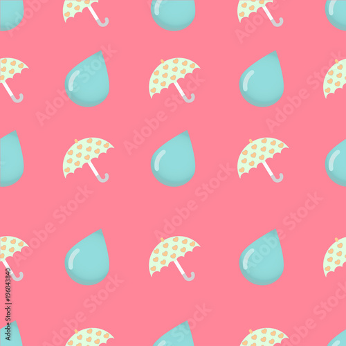 Seamless cute pattern with umbrella and water drop, weather concept on pink background, pastel color
