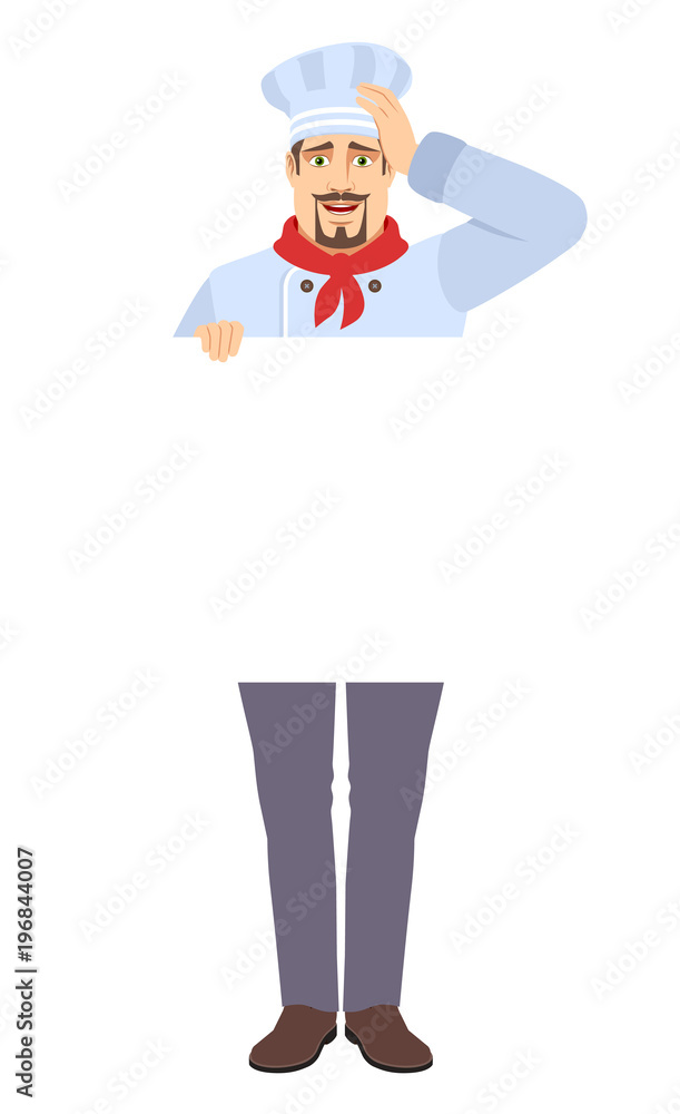 Chef holding white blank poster and grabbed his head Chef holding white blank poster and grabbed his head