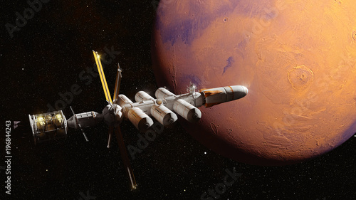Fototapeta Naklejka Na Ścianę i Meble -  futuristic space ship in orbit of the planet Mars, mission to the red planet