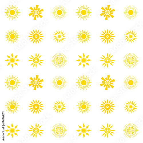 Seamless pattern with sun. Yellow sun of various shapes on white background. Vector illustration. For design.