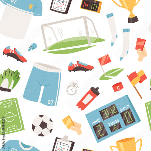 Soccer vector footballer or soccerplayer in sportswear playing with soccerball on football pitch illustration set of sportsman in footballing clothes isolated seamless pattern background